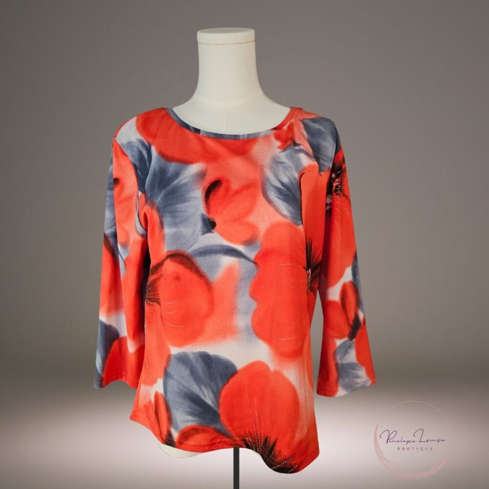 Daniel Benjamin XL – Bold Floral Top w/ Sparkle Accents – Red & Gray 3/4 Sleeve